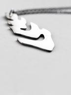Close-up of a silver leaf-shaped pendant with chain on a light gray background