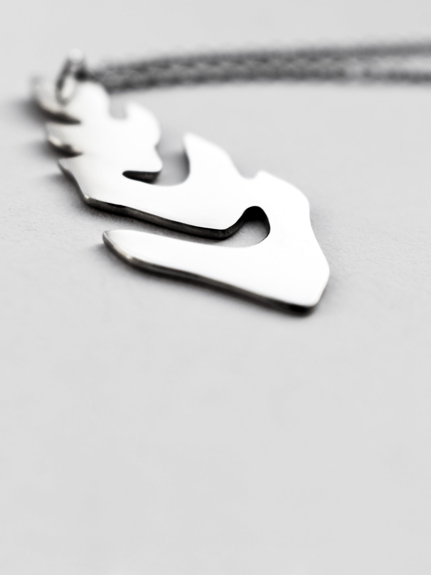 Close-up of a silver leaf-shaped pendant with chain on a light gray background